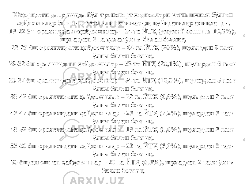 Юқоридаги давр ичида йўл-транспорт ҳодисалари қатнашчиси бўлган ҳайдовчилар ёшининг таҳлили натижасида қуйидагилар аниқланди. 18-22 ёш оралиғидаги ҳайдовчилар – 34 та ЙТҲ (умумий соннинг 10,6%), шулардан 3 та ҳолат ўлим билан боғлиқ. 23-27 ёш оралиғидаги ҳайдовчилар – 64 та ЙТҲ (20%), шулардан 9 таси ўлим билан боғлиқ. 28-32 ёш оралиғидаги ҳайдовчилар – 63 та ЙТҲ (20,1%), шулардан 6 таси ўлим билан боғлиқ. 33-37 ёш оралиғидаги ҳайдовчилар – 54 та ЙТҲ (16,9%), шулардан 5 таси ўлим билан боғлиқ. 38-42 ёш оралиғидаги ҳайдовчилар – 22 та ЙТҲ (6,9%), шулардан 2 таси ўлим билан боғлиқ. 43-47 ёш оралиғидаги ҳайдовчилар – 23 та ЙТҲ (7,2%), шулардан 3 таси ўлим билан боғлиқ. 48-52 ёш оралиғидаги ҳайдовчилар – 18 та ЙТҲ (5,6%), шулардан 3 таси ўлим билан боғлиқ. 53-60 ёш оралиғидаги ҳайдовчилар – 22 та ЙТҲ (6,9%), шулардан 3 таси ўлим билан боғлиқ. 60 ёшдан ошган ҳайдовчилар – 20 та ЙТҲ (6,3%), шулардан 2 таси ўлим билан боғлиқ. 