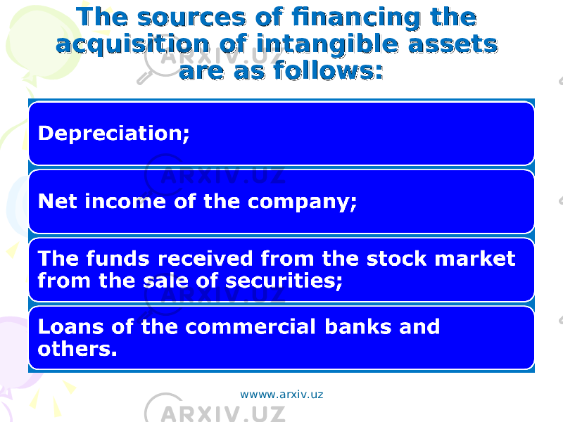 The sources of financing the The sources of financing the acquisition of intangible assets acquisition of intangible assets are as follows:are as follows: wwww.arxiv.uz 