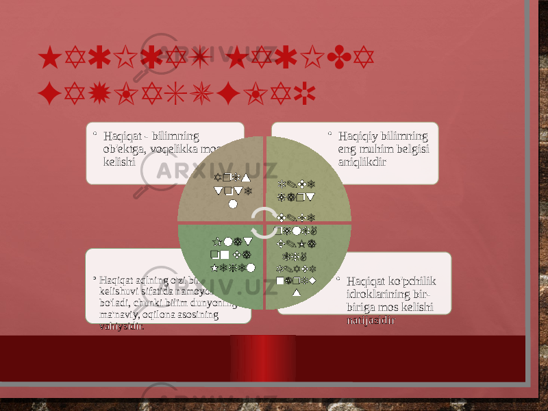 HAQIQAT HAQIDA FAYLASUFLAR • Haqiqat ko&#39;pchilik idroklarining bir- biriga mos kelishi natijasidir• Haqiqat aqlning o&#39;zi bilan kelishuvi sifatida namoyon bo&#39;ladi, chunki bilim dunyoning ma&#39;naviy, oqilona asosining vahiysidir. • Haqiqiy bilimning eng muhim belgisi aniqlikdir• Haqiqat - bilimning ob&#39;ektga, voqelikka mos kelishi Aris tote l R.De kart D.Be rkli, E.Ma ch, R.Ave nariu sPlat on va Hegel 