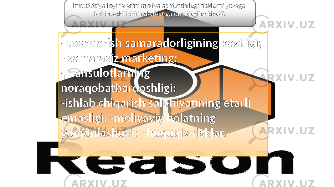 -boshqarish samaradorligining pastligi; -samarasiz marketing; -mahsulotlarning noraqobatbardoshligi; -ishlab chiqarish salohiyatining etarli emasligi; -moliyaviy holatning yomonlashuvi; -huquqiy risklar. Investitsiya loyihalarini moliyalashtirishdagi risklarni yuzaga keltiruvchi ichki sabablarga quyidagilar kiradi: 