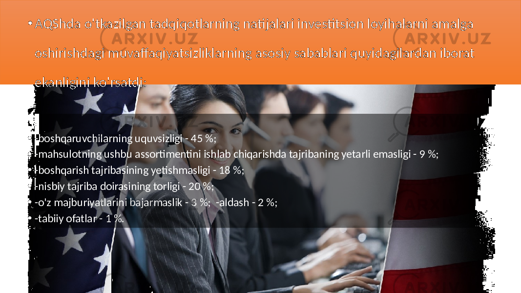 • AQShda o&#39;tkazilgan tadqiqotlarning natijalari investitsion loyihalarni amalga oshirishdagi muvaffaqiyatsizliklarning asosiy sabablari quyidagilardan iborat ekanligini ko&#39;rsatdi: • -boshqaruvchilarning uquvsizligi - 45 %; • -mahsulotning ushbu assortimentini ishlab chiqarishda tajribaning yetarli emasligi - 9 %; • -boshqarish tajribasining yetishmasligi - 18 %; • -nisbiy tajriba doirasining torligi - 20 %; • -o&#39;z majburiyatlarini bajarmaslik - 3 %; -aldash - 2 %; • -tabiiy ofatlar - 1 %. 