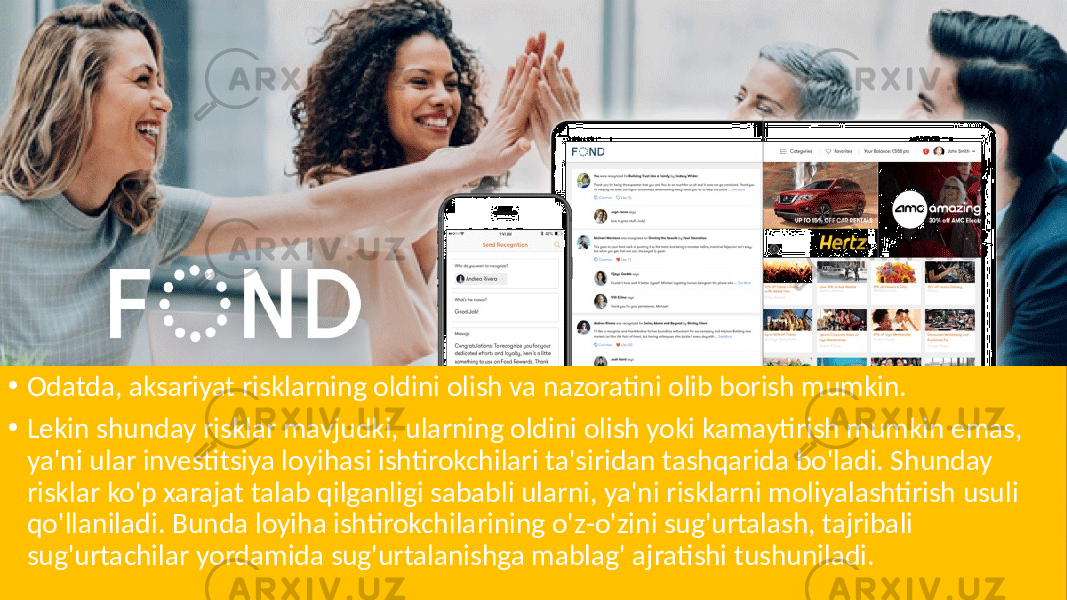 • Odatda, aksariyat risklarning oldini olish va nazoratini olib borish mumkin. • Lekin shunday risklar mavjudki, ularning oldini olish yoki kamaytirish mumkin emas, ya&#39;ni ular investitsiya loyihasi ishtirokchilari ta&#39;siridan tashqarida bo&#39;ladi. Shunday risklar ko&#39;p xarajat talab qilganligi sababli ularni, ya&#39;ni risklarni moliyalashtirish usuli qo&#39;llaniladi. Bunda loyiha ishtirokchilarining o&#39;z-o&#39;zini sug&#39;urtalash, tajribali sug&#39;urtachilar yordamida sug&#39;urtalanishga mablag&#39; ajratishi tushuniladi. 