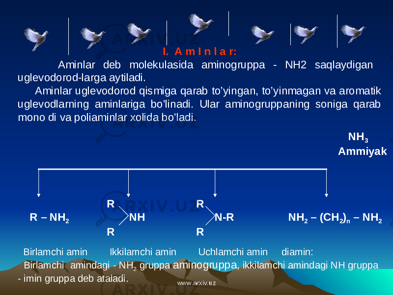 NH 3 Ammiyak R R R – NH 2 NH N - R NH 2 – ( CH 2 ) n – NH 2 R R I. A m I n l a r: Aminlar deb molekulasida aminogruppa - NH2 saqlaydigan uglevodorod-larga aytiladi. Aminlar uglevodorod qismiga qarab to’yingan, to’yinmagan va aromatik uglevodlarning aminlariga bo’linadi. Ular aminogruppaning soniga qarab mono di va poliaminlar xolida bo’ladi. Birlamchi amin Ikkilamchi amin Uchlamchi amin diamin: Birlamchi amindagi - NH 2 gruppa aminogruppa , ikkilamchi amindagi NH gruppa - imin gruppa deb ataladi. www.arxiv.uzwww.arxiv.uz 
