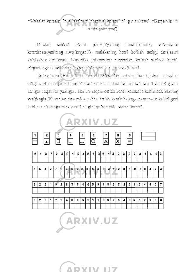 “Veksler kattalar intellektini o’lchash shkalasi” ning 7-subtesti (“Raqamlarni shifrlash” testi) Mazkur subtest vizual pertsepiyaning mustahkamlik, ko’z-motor koordinatsiyasining rivojlanganlik, malakaning hosil bo’lish tezligi darajasini aniqlashda qo’llanadi. Metodika psixomotor nuqsonlar, ko’rish xotirasi kuchi, o’rganishga uquvlik darajasiga ta`sirchanlik bilan tavsiflanadi. Ko’rsatma: “Hurmatli ishtirokchi! Sizga ikki satrdan iborat jadvallar taqdim etilgan. Har bir jadvalning Yuqori satrida aralash ketma ketlikda 1 dan 9 gacha bo’lgan raqamlar yozilgan. Har bir raqam ostida bo’sh katakcha keltiriladi. Sizning vazifangiz 90 soniya davomida ushbu bo’sh katakchalarga namunada keltirilgani kabi har bir songa mos shartli belgini qo’yib chiqishdan iborat”. 