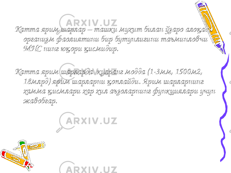 Катта ярим шарлар – ташки мухит билан ўзаро алоқада организм фаолиятини бир бутунлигини таъминловчи МНС нинг юқори қисмидир. Катта ярим шарларда кулранг модда (1-3мм, 1500м2, 18млрд) ярим шарларни қоплайди. Ярим шарларнинг хамма қисмлари хар хил аъзоларнинг функциялари учун жавобгар. 