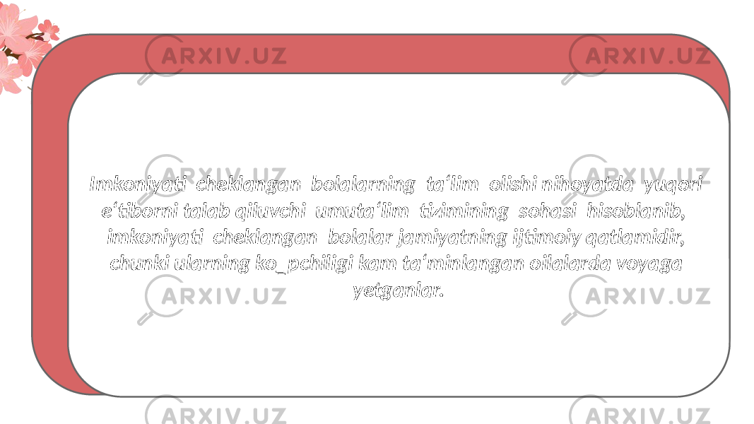 YOUR TITLE HERE Vestibulum ante ipsum primis in faucibus orci luctus et ultrices posuere cubilia. Vestibulum ante ipsum primis in faucibus orci luctus et ultrices posuere cubilia. Vestibulum ante ipsum primis in faucibus orci luctus et ultrices posuere cubilia.Vestibulum ante ipsum primis in faucibus orci luctus et ultrices posuere cubilia Curae; Donec velit neque, auctor sit amet aliquam vellamcorper sit amet ligula. Nulla quis lorem ut libero malesuada feugiat. Vestibulum ac diam sit amet quam vehicula Imkoniyati cheklangan bolalarning ta‘lim olishi nihoyatda yuqori e‘tiborni talab qiluvchi umuta‘lim tizimining sohasi hisoblanib, imkoniyati cheklangan bolalar jamiyatning ijtimoiy qatlamidir, chunki ularning ko‗pchiligi kam ta‘minlangan oilalarda voyaga yetganlar. 