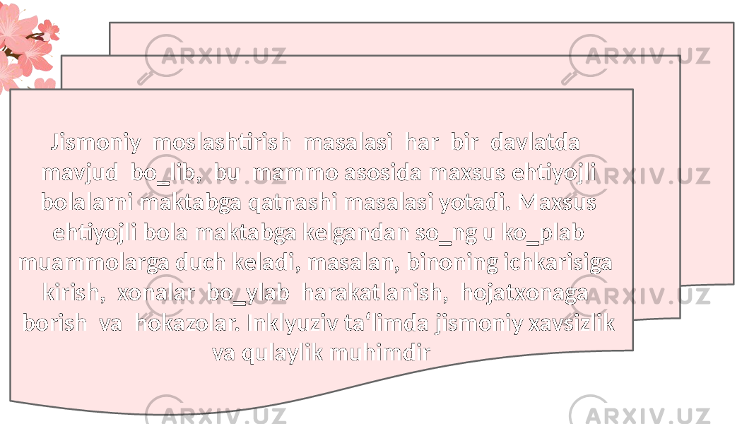 1 4 2 3 ADD YOUR TEXT Vestibulum ante ipsum primis in faucibus orciVestibulum ante ipsum primis in faucibus orci ADD YOUR TEXT Vestibulum ante ipsum primis in faucibus orciVestibulum ante ipsum primis in faucibus orciADD YOUR TEXT Vestibulum ante ipsum primis in faucibus orciVestibulum ante ipsum primis in faucibus orci ADD YOUR TEXT Vestibulum ante ipsum primis in faucibus orciVestibulum ante ipsum primis in faucibus orciJismoniy moslashtirish masalasi har bir davlatda mavjud bo‗lib, bu mammo asosida maxsus ehtiyojli bolalarni maktabga qatnashi masalasi yotadi. Maxsus ehtiyojli bola maktabga kelgandan so‗ng u ko‗plab muammolarga duch keladi, masalan, binoning ichkarisiga kirish, xonalar bo‗ylab harakatlanish, hojatxonaga borish va hokazolar. Inklyuziv ta‘limda jismoniy xavsizlik va qulaylik muhimdir 