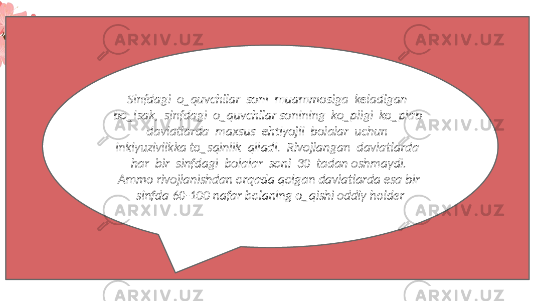 YOUR TITLE HERE Curabitur non nulla sit amet nisl tempus convallis quis ac lectus. Vivamus suscipit tortor eget felis porttitor volutpat. Donec rutrum congue leo eget malesuada. Vestibulum ac diam sit amet quam vehicula elementum sed sit amet dui. Cras ultricies ligula sed magna dictum porta. Curabitur aliquet quam id dui posuere blandit. Vestibulum ante ipsum primis in faucibus orci luctus et ultrices posuere cubilia Curae.ADD YOUR TEXT Vestibulum ante ipsum primis in faucibus orci luctus et ultrices posuere cubilia Curae.ADD YOUR TEXT Vestibulum ante ipsum primis in faucibus orci luctus et ultrices posuere cubilia Curae.ADD YOUR TEXTSinfdagi o‗quvchilar soni muammosiga keladigan bo‗lsak, sinfdagi o‗quvchilar sonining ko‗pligi ko‗plab davlatlarda maxsus ehtiyojli bolalar uchun inklyuzivlikka to‗sqinlik qiladi. Rivojlangan davlatlarda har bir sinfdagi bolalar soni 30 tadan oshmaydi. Ammo rivojlanishdan orqada qolgan davlatlarda esa bir sinfda 60-100 nafar bolaning o‗qishi oddiy holder 