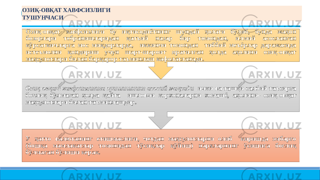 ОЗИҚ- ОВҚАТ ХАВФСИЗЛИГИ ТУШУНЧАСИ У ҳатто валютанинг етишмаслиги, четдан маҳсулотларни олиб киришда эмбарго (бошқа мамлакатлар томонидан тўсиқлар қўйиш) нархларнинг ўсишига боғлиқ бўлмаган бўлиши керак.Озиқ- овқат хавфсизлигига эришишнинг асосий мақсади ички ва ташқи салбий таъсирга боғлиқ бўлмаган ҳолда қайта ишловчи корхоналарни хомашё, аҳолини- озиқ-овқат маҳсулотлари билан таъминлашдир.Озиқ- овқат хавфсизлиги бу иқтисодиётнинг шундай ҳолати бўлиб, бунда жаҳон бозорлари тебранишларидан қатъий назар бир томондан, илмий асосланган кўрсаткичларга мос миқдорларда, иккинчи томондан тиббий меъёрлар даражасида истеъмолни қондириш учун шарт- шароит яратилган ҳолда аҳолини озиқ-овқат маҳсулотлари билан барқарор таъминлаш кафолатланади. 