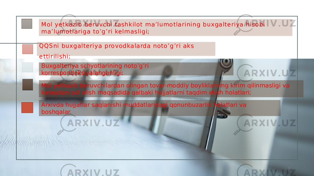 M o l y e t ka z i b b e r u v c h i t a s h k i l o t m a ’ l u m o t l a r i n i n g b u x ga l t e r i y a h i s o b i m a ’ l um o t l a r i g a t o ’ g ’ r i ke l m a s l i g i ; Q Q S ni b u x g a l t e r i y a p ro v o d ka l a rd a n o t o ’ g ’ r i a k s e t t i r i l i s hi ; 9Buxgalteriya schyotlarining noto’g’ri korrespondeksiyalanganligi; Mol yetkazib beruvchilardan olingan tovar-moddiy boyliklarning kirim qilinmasligi va kassadan pul olish maqsadida qalbaki hujjatlarni taqdim etish holatlari; Arxivda hujjatlar saqlanishi muddatlaridagi qonunbuzarlik holatlari va boshqalar. 