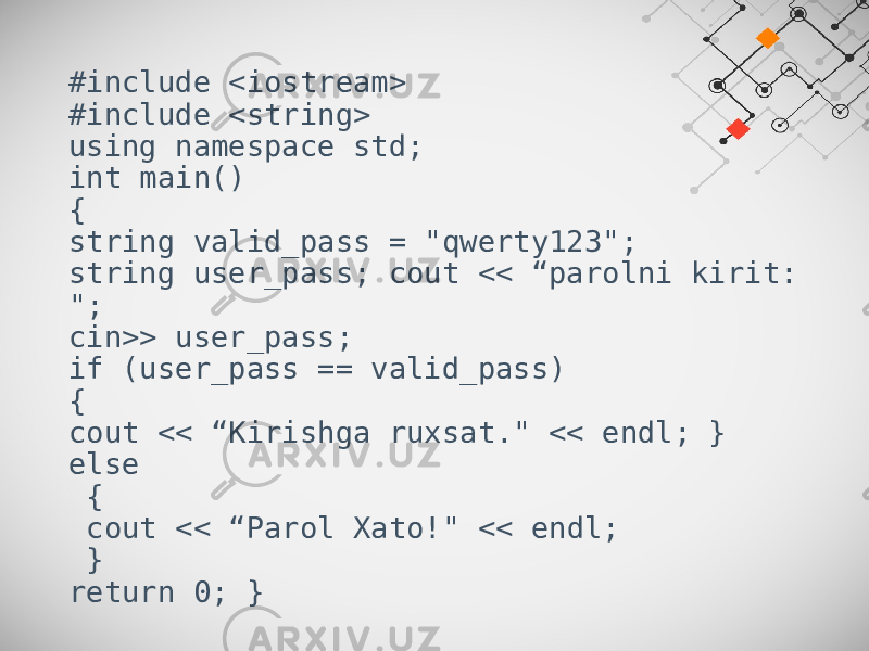 #include <iostream> #include <string> using namespace std; int main() { string valid_pass = &#34;qwerty123&#34;; string user_pass; cout << “parolni kirit: &#34;; cin>> user_pass; if (user_pass == valid_pass) { cout << “Kirishga ruxsat.&#34; << endl; } else { cout << “Parol Xato!&#34; << endl; } return 0; } 