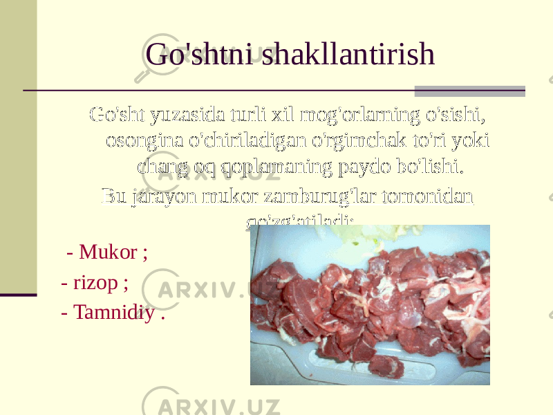 Go&#39;shtni shakllantirish Go&#39;sht yuzasida turli xil mog&#39;orlarning o&#39;sishi, osongina o&#39;chiriladigan o&#39;rgimchak to&#39;ri yoki chang oq qoplamaning paydo bo&#39;lishi. Bu jarayon mukor zamburug&#39;lar tomonidan qo&#39;zg&#39;atiladi: - Mukor ; - rizop ; - Tamnidiy . 