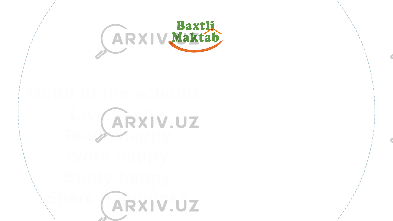 Motto of the schools: Live happy Teach happy Work happy Study happy Share happiness Bu maktablar shiori Baxtli yasha Baxtli ta’lim ber Baxt bilan ishla Baxt bilan o’qi Baxt ulash 