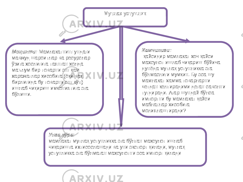 Моҳияти: Мамлакатнинг ундаги мавжуд шароитлар ва ресурслар ўзига хослигига таянган ҳолда маълум бир товарни энг кам харажатлар ҳисобига (ёки вақт бирлигида бу товарни энг кўп) ишлаб чиқириш имкониятига эга бўлиши. Мутлақ устунлик Камчилиги: қайсидир мамлакат ҳеч қайси маҳсулот ишлаб чиқариш бўйича дунёда мутлақ устунликка эга бўлмаслиги мумкин. Бу эса шу мамлакат ҳамма товарларни четдан келтирадими деган саволни туғдиради. Агар шундай бўлса импортни бу мамлакат қайси маблағлар ҳисобига молиялаштиради? Унга кўра : мамлакат мутлақ устунликка эга бўлган маҳсулот ишлаб чиқаришга ихтисослашади ва уни экспорт қилади, мутлақ устунликка эга бўлмаган маҳсулотни эса импорт қилади 