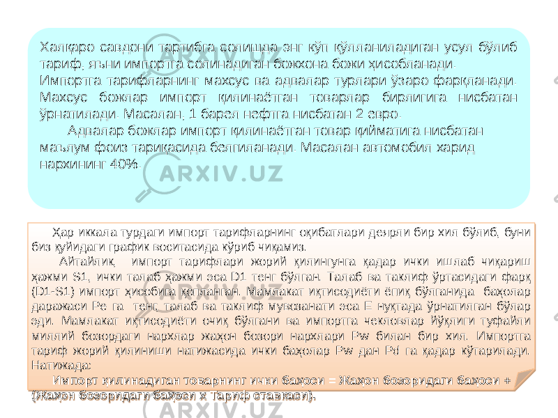 Халқаро савдони тартибга солишда энг кўп қўлланиладиган усул бўлиб тариф, яъни импортга солинадиган божхона божи ҳисобланади. Импортга тарифларнинг махсус ва адвалар турлари ўзаро фарқланади. Махсус божлар импорт қилинаётган товарлар бирлигига нисбатан ўрнатилади. Масалан, 1 барел нефтга нисбатан 2 евро. Адвалар божлар импорт қилинаётган товар қийматига нисбатан маълум фоиз тариқасида белгиланади. Масалан автомобил харид нархининг 40%. Ҳар иккала турдаги импорт тарифларнинг оқибатлари деярли бир хил бўлиб, буни биз қуйидаги график воситасида кўриб чиқамиз. Айтайлик, импорт тарифлари жорий қилингунга қадар ички ишлаб чиқариш ҳажми S1, ички талаб ҳажми эса D1 тенг бўлган. Талаб ва таклиф ўртасидаги фарқ (D1-S1) импорт ҳисобига қопланган. Мамлакат иқтисодиёти ёпиқ бўлганида баҳолар даражаси Ре га тенг, талаб ва таклиф мувозанати эса Е нуқтада ўрнатилган бўлар эди. Мамлакат иқтисодиёти очиқ бўлгани ва импортга чекловлар йўқлиги туфайли миллий бозордаги нархлар жаҳон бозори нархлари Рw билан бир хил. Импортга тариф жорий қилиниши натижасида ички баҳолар Рw дан Рd га қадар кўтарилади. Натижада: Импорт қилинадиган товарнинг ички баҳоси = Жаҳон бозоридаги баҳоси + (Жаҳон бозоридаги баҳоси х Тариф ставкаси).54 22 04 4B 1E 3A 0E 45 05 0F 4E 2B12 39 