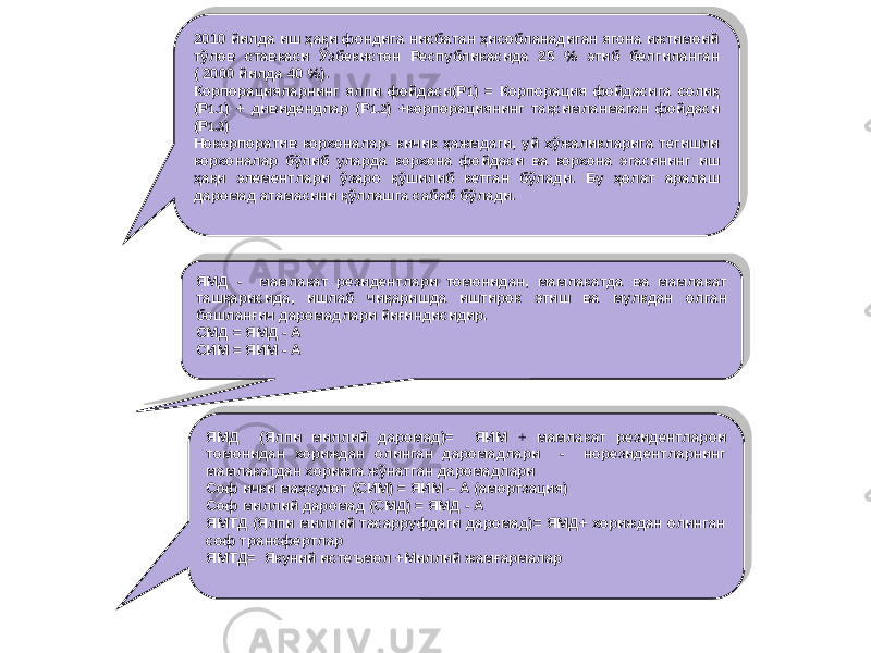 2010 йилда иш ҳақи фондига нисбатан ҳисобланадиган ягона ижтимоий тўлов ставкаси Ўзбекистон Республикасида 25 % этиб белгиланган ( 2000 йилда 40 %). Корпорацияларнинг ялпи фойдаси(Р 1 ) = Корпорация фойдасига солиқ (Р 1.1 ) + дивидендлар (Р 1.2 ) +корпорациянинг тақсимланмаган фойдаси (Р 1.3 ) Нокорпоратив корхоналар- кичик ҳажмдаги, уй хўжаликларига тегишли корхоналар бўлиб уларда корхона фойдаси ва корхона эгасининг иш ҳақи элементлари ўзаро қўшилиб кетган бўлади. Бу ҳолат аралаш даромад атамасини қўллашга сабаб бўлади. ЯМД - мамлакат резидентлари томонидан, мамлакатда ва мамлакат ташқарисида, ишлаб чиқаришда иштирок этиш ва мулкдан олган бошланғич даромадлари йиғиндисидир. СМД = ЯМД - А СИМ = ЯИМ - А ЯМД (Ялпи миллий даромад)= ЯИМ + мамлакат резидентларои томонидан хориждан олинган даромадлари - норезидентларнинг мамлакатдан хорижга жўнатган даромадлари Соф ички маҳсулот (СИМ) = ЯИМ – А (амортзация) Соф миллий даромад (СМД) = ЯМД - А ЯМТД (Ялпи миллий тасарруфдаги даромад)= ЯМД+ хориждан олинган соф трансфертлар ЯМТД= Якуний истеъмол +Миллий жамғармалар25 08 39 2D 3F 3A0C 39 3F 3A 3F 3A0C 39 3F 3A 34 03 1D 0A 38 08 1505 18 18 38 36 0C 08 12 18 18 38 09 38 