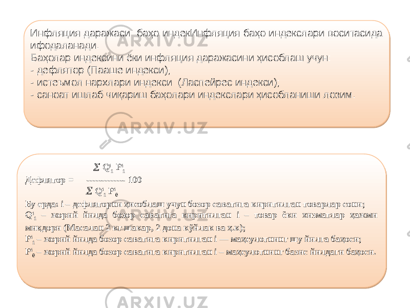 Инфляция даражаси баҳо индекИнфляция баҳо индекслари воситасида ифодаланади. Баҳолар индексини ёки инфляция даражасини ҳисоблаш учун: - дефлятор (Пааше индекси); - истеъмол нархлари индекси (Ласпейрес индекси); - саноат ишлаб чиқариш баҳолари индекслари ҳисобланиши лозим.  Q i 1 P i 1 Дефлятор = ------------- 100  Q i 1 P i 0 Бу ерда: i – дефляторни ҳисоблаш учун бозор саватига киритилган товарлар сони; Q i 1 – жорий йилда бозор саватига киритилган i – товар ёки хизматлар ҳажми миқдори (Масалан 2 кг шакар, 2 дона кўйлак ва ҳ.к); P i 1 – жорий йилда бозор саватига киритилган i — маҳсулотнинг шу йилга баҳоси; P i 0 – жорий йилда бозор саватига киритилган i – маҳсулотнинг базис йилдаги баҳоси.1B 09 4007 42040E 420409 420408 0C 01 0C 4E 48 28 1149 48 28 4A 1111 01 0C 4E 48 28 1149 48 27 25 4E 48 28 11 1206 49 48 28 114C1123 49 48 27 114C1123 