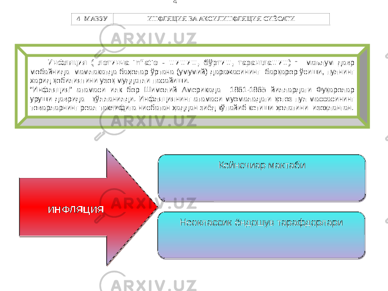  Инфляция ( лотинча inflatio - шишиш, бўртиш, таранглашиш) – маълум давр мобайнида мамлакатда баҳолар ўртача (умумий) даражасининг барқарор ўсиши, пулнинг харид қобилиятини узоқ муддатли пасайиши. “ Инфляция” атамаси илк бор Шимолий Америкада 1861-1865 йиллардаги Фуқаролар уруши даврида қўлланилди. Инфляциянинг атамаси муомаладаги қоғоз пул массасининг товарларнинг реал таклифига нисбатан ҳаддан зиёд кўпайиб кетиши ҳолатини изоҳланган. ИНФЛЯЦИЯ Кейнсчиар мактаби Неоклассик ёндошув тарафдорлари4 –МАВЗУ ИНФЛЯЦИЯ ВА АКСИЛИНФЛЯЦИЯ СИЁСАТИ 2B 29 4E0D 