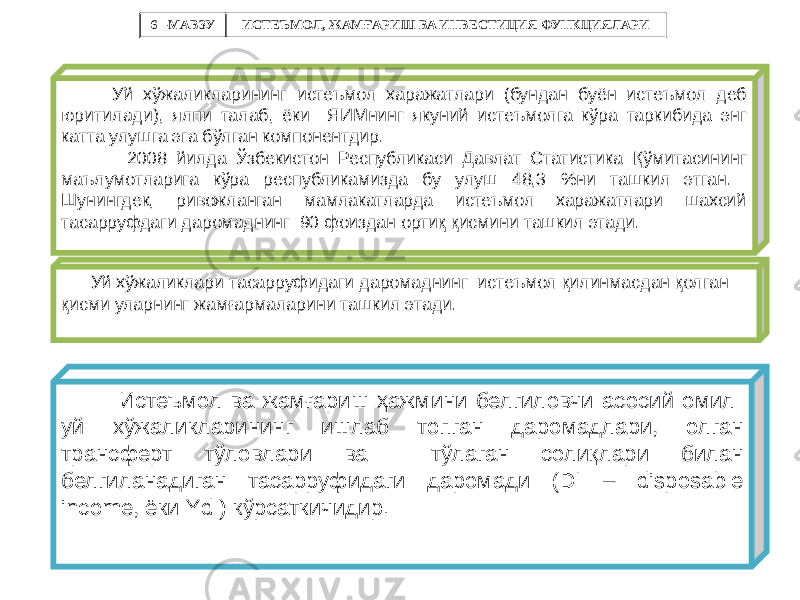  Уй хўжаликларининг истеъмол харажатлари (бундан буён истеъмол деб юритилади), ялпи талаб, ёки ЯИМнинг якуний истеъмолга кўра таркибида энг катта улушга эга бўлган компонентдир. 2008 йилда Ўзбекистон Республикаси Давлат Статистика Қўмитасининг маълумотларига кўра республикамизда бу улуш 48,3 %ни ташкил этган. Шунингдек, ривожланган мамлакатларда истеъмол харажатлари шахсий тасарруфдаги даромаднинг 90 фоиздан ортиқ қисмини ташкил этади. Уй хўжаликлари тасарруфидаги даромаднинг истеъмол қилинмасдан қолган қисми уларнинг жамғармаларини ташкил этади. Истеъмол ва жамғариш ҳажмини белгиловчи асосий омил уй хўжаликларининг ишлаб топган даромадлари, олган трансферт тўловлари ва тўлаган солиқлари билан белгиланадиган тасарруфидаги даромади (DI – disposable income, ёки Yd ) кўрсаткичидир. 6 –МАВЗУ ИСТЕЪМОЛ, ЖАМҒАРИШ ВА ИНВЕСТИЦИЯ ФУНКЦИЯЛАРИ 