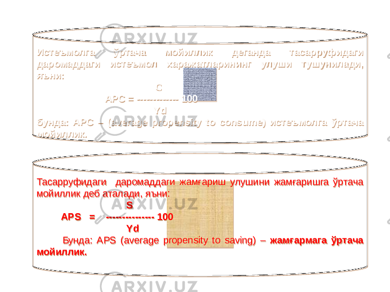 Истеъмолга ўртача мойиллик деганда тасарруфидаги даромаддаги истеъмол харажатларининг улуши тушунилади, яъни: С APC = ------------- 100 Yd бунда: APC – (average prдensity to consume) истеъмолга ўртача мойиллик. Тасарруфидаги даромаддаги жамғариш улушини жамғаришга ўртача мойиллик деб аталади, яъни: S APS = --------------- 100 Yd Бунда: APS (average propensity to saving) – жамғармага ўртача мойиллик.2B 0A 404D 1111 20 0C0C 69 0C0C 5267 15 12 2A 05 0C0C 680C0C 0C0C 695F680C0C0C 0C0C 52670C 04 40 20 12 