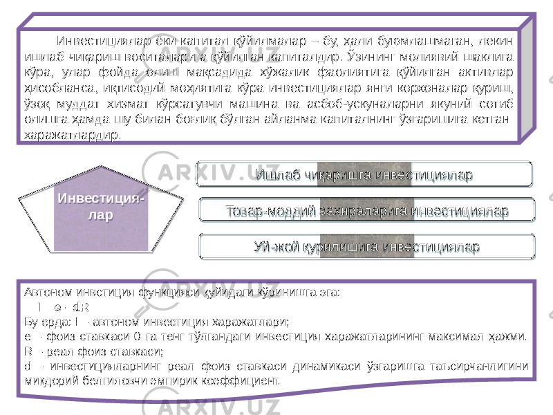  Инвестициялар ёки капитал қўйилмалар – бу, ҳали буюмлашмаган, лекин ишлаб чиқариш воситаларига қўйилган капиталдир. Ўзининг молиявий шаклига кўра, улар фойда олиш мақсадида хўжалик фаолиятига қўйилган активлар ҳисобланса, иқтисодий моҳиятига кўра инвестициялар янги корхоналар қуриш, ўзоқ муддат хизмат кўрсатувчи машина ва асбоб-ускуналарни якуний сотиб олишга ҳамда шу билан боғлиқ бўлган айланма капиталнинг ўзгаришига кетган харажатлардир. Инвестиция- лар Ишлаб чиқаришга инвестициялар Товар-моддий захираларига инвестициялар Уй-жой қурилишига инвестициялар Автоном инвстиция функцияси қуйидаги кўринишга эга: I = е - dR Бу ерда: I – автоном инвестиция харажатлари; e – фоиз ставкаси 0 га тенг тўлгандаги инвестиция харажатларининг максимал ҳажми. R – реал фоиз ставкаси; d – инвестицияларнинг реал фоиз ставкаси динамикаси ўзгаришга таъсирчанлигини миқдорий белгиловчи эмпирик коэффициент.2B 17 1B 2A 27 