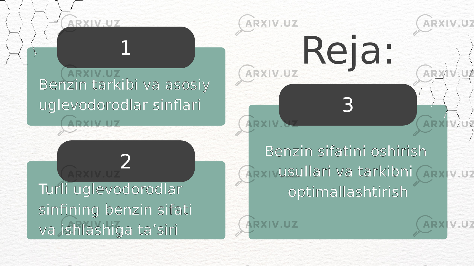 Benzin sifatini oshirish usullari va tarkibni optimallashtirish 3Reja: Benzin tarkibi va asosiy uglevodorodlar sinflari 1 Turli uglevodorodlar sinfining benzin sifati va ishlashiga taʼsiri 2 