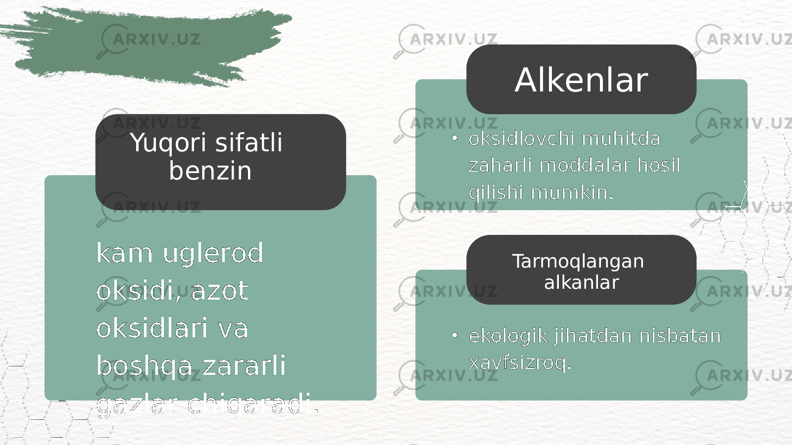 • oksidlovchi muhitda zaharli moddalar hosil qilishi mumkin. Alkenlar • ekologik jihatdan nisbatan xavfsizroq. Tarmoqlangan alkanlarYuqori sifatli benzin kam uglerod oksidi, azot oksidlari va boshqa zararli gazlar chiqaradi. 