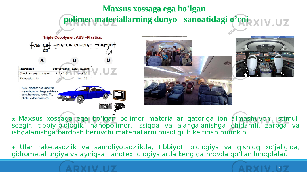 Maxsus xossaga ega bo’lgan polimer materiallarning dunyo sanoatidagi o’rni ᴥ Maxsus xossaga ega bo’lgan polimer materiallar qatoriga ion almashuvchi, stimul- sezgir, tibbiy-biologik, nanopolimer, issiqqa va alangalanishga chidamli, zarbga va ishqalanishga bardosh beruvchi materiallarni misol qilib keltirish mumkin. ᴥ Ular raketasozlik va samoliyotsozlikda, tibbiyot, biologiya va qishloq xo’jaligida, gidrometallurgiya va ayniqsa nanotexnologiyalarda keng qamrovda qo’llanilmoqdalar. 5 