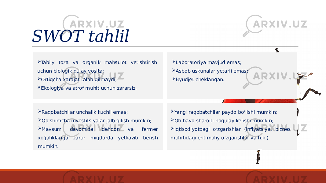 SWOT tahlil  Tabiiy toza va organik mahsulot yetishtirish uchun biologik qulay vosita;  Ortiqcha xarajat talab qilmaydi;  Ekologiya va atrof muhit uchun zararsiz.  Laboratoriya mavjud emas;  Asbob uskunalar yetarli emas;  Byudjet cheklangan.  Raqobatchilar unchalik kuchli emas;  Qo‘shimcha investitsiyalar jalb qilish mumkin;  Mavsum davomida dehqon va fermer xo‘jaliklariga zarur miqdorda yetkazib berish mumkin.  Yangi raqobatchilar paydo bo‘lishi mumkin;  Ob-havo sharoiti noqulay kelishi mumkin;  Iqtisodiyotdagi o‘zgarishlar (inflyatsiya, biznes muhitidagi ehtimoliy o‘zgarishlar va h.k.) 