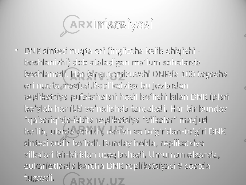 Inisasiyasi • DNK sintezi nuqta ori (inglizcha kelib chiqishi - boshlanishi) deb ataladigan ma&#39;lum sohalarda boshlanadi. Har bir sutemizuvchi DNKda 100 tagacha ori nuqta mavjud.Replikatsiya bu joylardan replikatsiya pufakchalari hosil boʻlishi bilan DNK iplari boʻylab har ikki yoʻnalishda tarqaladi. Har bir bunday &#34;qabariq&#34;da ikkita replikatsiya &#34;vilkalar&#34; mavjud bo&#39;lib, ularda ochish, ochish va to&#39;g&#39;ridan-to&#39;g&#39;ri DNK sintezi sodir bo&#39;ladi. Bunday holda, replikatsiya vilkalari bir-biridan uzoqlashadi. Umuman olganda, eukariotlarda barcha DNK replikatsiyasi 9 soatda tugaydi. 