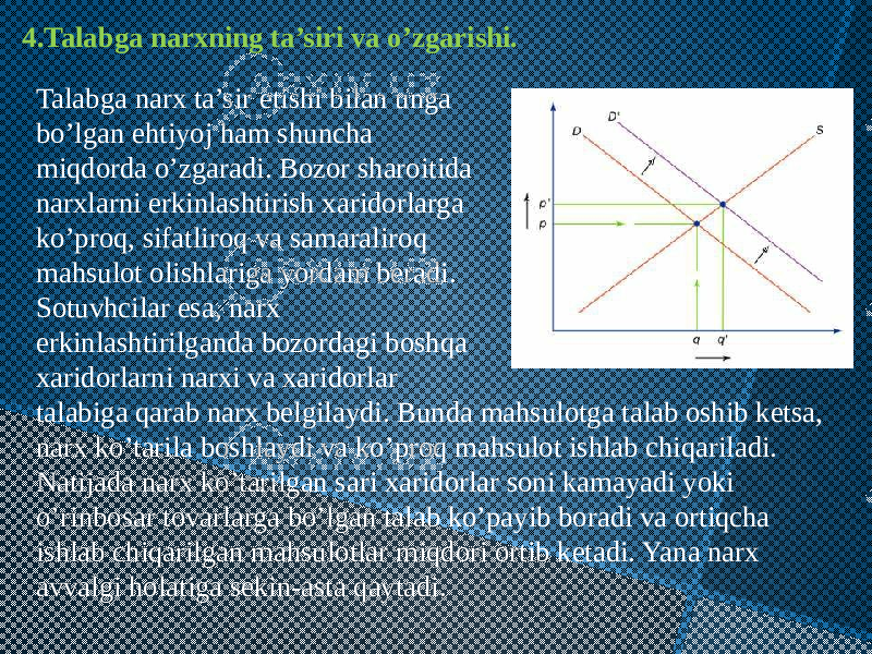 4.Talabga narxning ta’siri va o’zgarishi. Talabga narx ta’sir etishi bilan unga bo’lgan ehtiyoj ham shuncha miqdorda o’zgaradi. Bozor sharoitida narxlarni erkinlashtirish xaridorlarga ko’proq, sifatliroq va samaraliroq mahsulot olishlariga yordam beradi. Sotuvhcilar esa, narx erkinlashtirilganda bozordagi boshqa xaridorlarni narxi va xaridorlar talabiga qarab narx belgilaydi. Bunda mahsulotga talab oshib ketsa, narx ko’tarila boshlaydi va ko’proq mahsulot ishlab chiqariladi. Natijada narx ko’tarilgan sari xaridorlar soni kamayadi yoki o’rinbosar tovarlarga bo’lgan talab ko’payib boradi va ortiqcha ishlab chiqarilgan mahsulotlar miqdori ortib ketadi. Yana narx avvalgi holatiga sekin-asta qaytadi. 