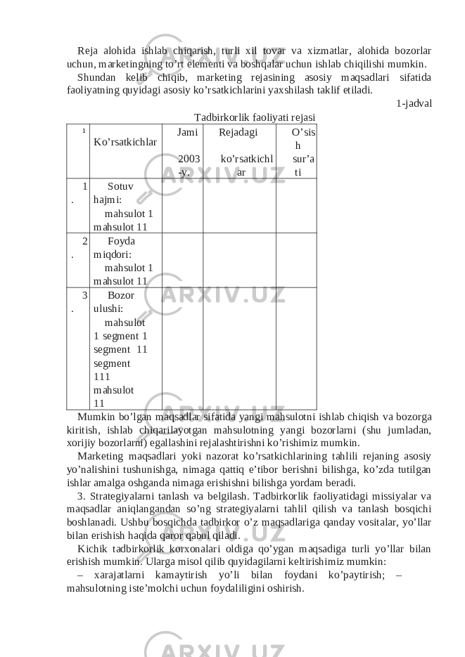 Reja alohida ishlab chiqarish, turli xil tovar va xizmatlar, alohida bozorlar uchun, marketingning to’rt elementi va boshqalar uchun ishlab chiqilishi mumkin. Shundan kelib chiqib, marketing rejasining asosiy maqsadlari sifatida faoliyatning quyidagi asosiy ko’rsatkichlarini yaxshilash taklif etiladi. 1-jadval Tadbirkorlik faoliyati rejasi ¹ Ko’rsatkichlar Jami Rejadagi O’sis h 2003 -y. ko’rsatkichl ar sur’a ti 1 . Sotuv hajmi: mahsulot 1 mahsulot 11 2 . Foyda miqdori: mahsulot 1 mahsulot 11 3 . Bozor ulushi: mahsulot 1 segment 1 segment 11 segment 111 mahsulot 11 Mumkin bo’lgan maqsadlar sifatida yangi mahsulotni ishlab chiqish va bozorga kiritish, ishlab chiqarilayotgan mahsulotning yangi bozorlarni (shu jumladan, xorijiy bozorlarni) egallashini rejalashtirishni ko’rishimiz mumkin. Marketing maqsadlari yoki nazorat ko’rsatkichlarining tahlili rejaning asosiy yo’nalishini tushunishga, nimaga qattiq e’tibor berishni bilishga, ko’zda tutilgan ishlar amalga oshganda nimaga erishishni bilishga yordam beradi. 3. Strategiyalarni tanlash va belgilash. Tadbirkorlik faoliyatidagi missiyalar va maqsadlar aniqlangandan so’ng strategiyalarni tahlil qilish va tanlash bosqichi boshlanadi. Ushbu bosqichda tadbirkor o’z maqsadlariga qanday vositalar, yo’llar bilan erishish haqida qaror qabul qiladi. Kichik tadbirkorlik korxonalari oldiga qo’ygan maqsadiga turli yo’llar bilan erishish mumkin. Ularga misol qilib quyidagilarni keltirishimiz mumkin: – xarajatlarni kamaytirish yo’li bilan foydani ko’paytirish; – mahsulotning iste’molchi uchun foydaliligini oshirish. 