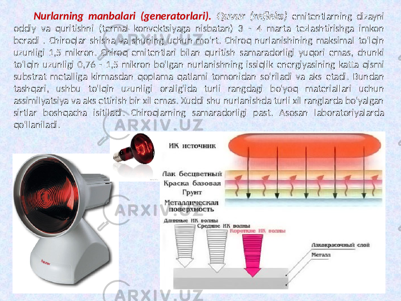 Nurlarning manbalari (generatorlari). Quvur (refleks) emitentlarning dizayni oddiy va quritishni (termal konvektsiyaga nisbatan) 3 - 4 marta tezlashtirishga imkon beradi . Chiroqlar shisha va shuning uchun mo&#39;rt. Chiroq nurlanishining maksimal to&#39;lqin uzunligi 1,5 mikron. Chiroq emitentlari bilan quritish samaradorligi yuqori emas, chunki to&#39;lqin uzunligi 0,76 - 1,5 mikron bo&#39;lgan nurlanishning issiqlik energiyasining katta qismi substrat metalliga kirmasdan qoplama qatlami tomonidan so&#39;riladi va aks etadi. Bundan tashqari, ushbu to&#39;lqin uzunligi oralig&#39;ida turli rangdagi bo&#39;yoq materiallari uchun assimilyatsiya va aks ettirish bir xil emas. Xuddi shu nurlanishda turli xil ranglarda bo&#39;yalgan sirtlar boshqacha isitiladi. Chiroqlarning samaradorligi past. Asosan laboratoriyalarda qo&#39;llaniladi. 