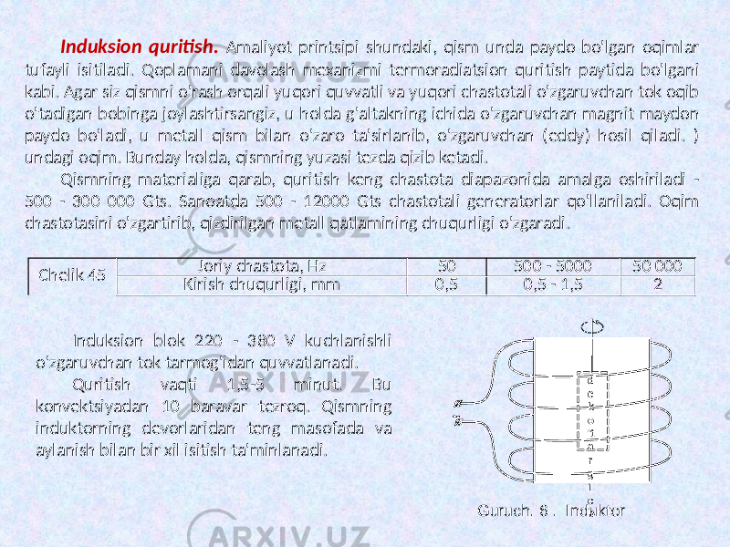 Chelik 45 Joriy chastota, Hz 50 500 - 5000 50 000 Kirish chuqurligi, mm 0,5 0,5 - 1,5 2Induksion quritish. Amaliyot printsipi shundaki, qism unda paydo bo&#39;lgan oqimlar tufayli isitiladi. Qoplamani davolash mexanizmi termoradiatsion quritish paytida bo&#39;lgani kabi. Agar siz qismni o&#39;rash orqali yuqori quvvatli va yuqori chastotali o&#39;zgaruvchan tok oqib o&#39;tadigan bobinga joylashtirsangiz, u holda g&#39;altakning ichida o&#39;zgaruvchan magnit maydon paydo bo&#39;ladi, u metall qism bilan o&#39;zaro ta&#39;sirlanib, o&#39;zgaruvchan (eddy) hosil qiladi. ) undagi oqim. Bunday holda, qismning yuzasi tezda qizib ketadi. Qismning materialiga qarab, quritish keng chastota diapazonida amalga oshiriladi - 500 - 300 000 Gts. Sanoatda 500 - 12000 Gts chastotali generatorlar qo&#39;llaniladi. Oqim chastotasini o&#39;zgartirib, qizdirilgan metall qatlamining chuqurligi o&#39;zgaradi. Induksion blok 220 - 380 V kuchlanishli o&#39;zgaruvchan tok tarmog&#39;idan quvvatlanadi. Quritish vaqti 1,5-5 minut. Bu konvektsiyadan 10 baravar tezroq. Qismning induktorning devorlaridan teng masofada va aylanish bilan bir xil isitish ta&#39;minlanadi. d e k o &#39;t a r g i c h~ Guruch. 6 . Induktor 