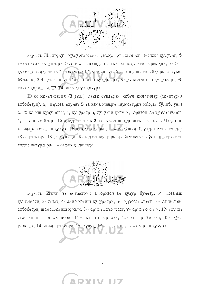  2-расм. Иссиқ сув қувурининг тармоқлари схемаси. а- икки қувурли, б, г-секцияли тугунлари бор мос равишда пастки ва юқориги тармоқли, в- бир қувурли халқа асосий тармокли; 1,2-узатиш ва айланишлаш асосий тармок қувур йўллари, 3,4- узатиш ва айланишлаш қувурлари, 5-сув келтириш қувурлари, 6- сочиқ қуритгич, Т3,Т4- иссиқ сув қувури. Ички канализация (3-расм) оқава сувларни қабул қилгичлар (санитария асбоблари), 6, гидрозатворлар 5 ва канализация тармоғидан иборат бўлиб, унга олиб кетиш қувурлари, 4, қувурлар 3, сўрувчи қисм 7, горизонтал қувур йўллар 1, чиқиш жойлари 16 ҳамда тармоқ 2 ни тозалаш қурилмаси киради. Чиқариш жойлари кузатиш қувури 15 да ҳовли тармоғи 14 га қўшилиб, ундан оқава сувлар кўча тармоғи 13 га тушади. Канализация тармоғи босимсиз чўян, пластмасса, сопол қувурлардан монтаж қилинади. 3-расм. Ички канализация: 1-горизонтал қувур йўллар, 2- тозалаш қурилмаси, 3- стаяк, 4- олиб кетиш қувурлари, 5- гидрозатворлар, 6- санитария асбоблари, шамоллатиш қисми, 8- тарнов варонкаси, 9-тарнов стояги, 10- тарнов стоягининг гидрозатвори, 11-чиқариш тарнови, 12- ёмғир йиғгич, 13- кўча тармоғи, 14- ҳовли тармоғи, 15- қудуқ, 16канализацияни чиқариш қувури. 15 