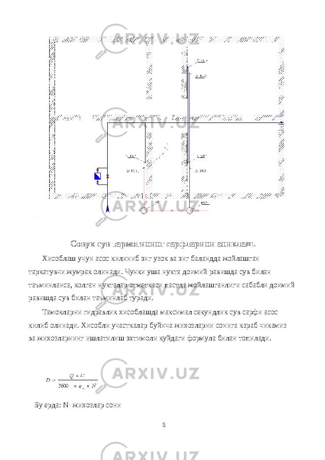 Совук сув тармогининг сарфларини аниклаш. Хисоблаш учун асос килиниб энг узок ва энг баландда жойлашган таркатувчи жумрак олинади. Чунки уша нукта доимий равишда сув билан таъминланса, колган нукталар отметкаси пастда жойлашганлиги сабабли доимий равишда сув билан таъминлаб туради. Тамокларни гидравлик хисоблашда максимал секундлик сув сарфи асос килиб олинади. Хисобли участкалар буйича жихозларни сонига караб чикамиз ва жихозларнинг ишлатилиш эхтимоли куйдаги формула билан топилади. Бу ерда: N- жихозлар сони 6 