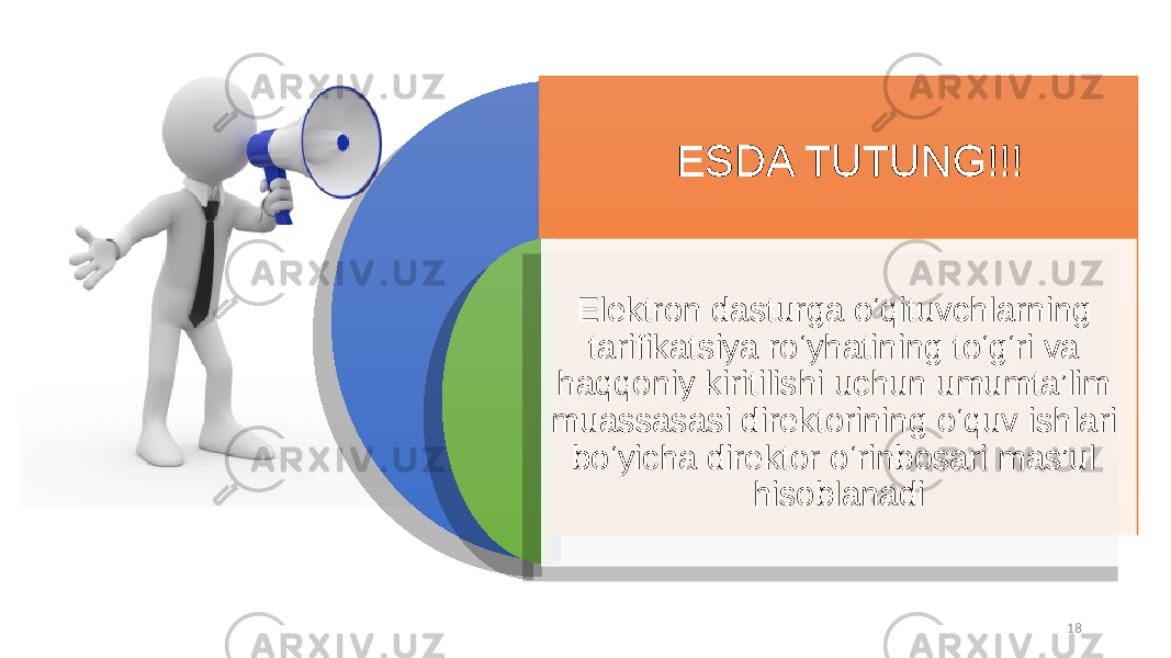 18Elektron dasturga o‘qituvchlarning tarifikatsiya ro‘yhatining to‘g‘ri va haqqoniy kiritilishi uchun umumta’lim muassasasi direktorining o‘quv ishlari bo‘yicha direktor o‘rinbosari mas’ul hisoblanadiESDA TUTUNG!!!ESDA TUTUNG!!! 3A 05 090B0303140D04 19 1A14 0904 