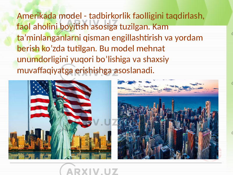 Amerikada model - tadbirkorlik faolligini taqdirlash, faol aholini boyitish asosiga tuzilgan. Kam ta’minlanganlarni qisman engillashtirish va yordam berish ko’zda tutilgan. Bu model mehnat unumdorligini yuqori bo’lishiga va shaxsiy muvaffaqiyatga erishishga asoslanadi. 