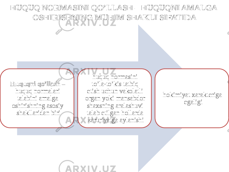 HUQUQ NORMASINI QO’LLASH – HUQUQNI AMALGA OSHIRISHNING MUHIM SHAKLI SIFATIDA Huquqni qo’llash – huquq normalari talabini amalga oshirishning asosiy shakllaridan biri huquq normasini to’la-to’kis tatbiq etish uchun vakolatli organ yoki mansabdor shaxsning aralashuvi talab etilgan hollarda zaruriyatga aylanishi hokimiyat xarakteriga egaligi 