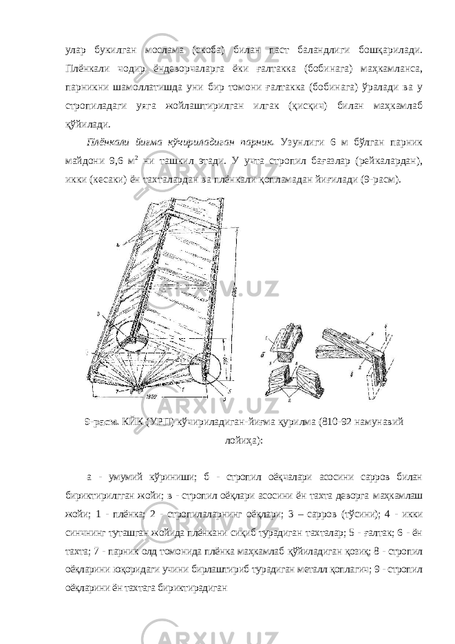 улар букилган мослама (скоба) билан паст баландлиги бошқарилади. Плёнкали чодир ёндеворчаларга ёки ғалтакка (бобинага) маҳкамланса, парникни шамоллатишда уни бир томони ғалтакка (бобинага) ўралади ва у стропиладаги уяга жойлаштирилган илгак (қисқич) билан маҳкамлаб қўйилади. Плёнкали йиғма кўчириладиган парник . Узунлиги 6 м бўлган парник майдони 9,6 м 2 ни ташкил этади. У учта стропил бағазлар (рейкалардан), икки (кесаки) ён тахталардан ва плёнкали қопламадан йиғилади (9-расм). 9-расм. КЙК (УРП) кўчириладиган-йиғма қурилма (810-92 намунавий лойиҳа): а - умумий кўриниши; б - стропил оёқчалари асосини сарров билан бириктирилгган жойи; в - стропил оёқлари асосини ён тахта деворга маҳкамлаш жойи; 1 - плёнка; 2 - стропилаларнинг оёқлари; 3 – сарров (тўсини); 4 - икки синчнинг туташган жойида плёнкани сиқиб турадиган тахталар; 5 - ғалтак; 6 - ён тахта; 7 - парник олд томонида плёнка маҳкамлаб қўйиладиган қозиқ; 8 - стропил оёқларини юқоридаги учини бирлаштириб турадиган металл қоплагич; 9 - стропил оёқларини ён тахтага бириктирадиган 