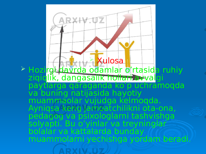  Xulosa  Hozirgi davrda odamlar o’rtasida ruhiy ziqiqlik, dangasalik hollari avvalgi paytlarga qaraganda ko’p uchramoqda va buning natijasida hayotiy muammaolar vujudga kelmoqda. Ayniqsa keng jamoatchilikni ota-ona, pedagog va psixologlarni tashvishga solyapti. Bu o’yinlar va treyninglar bolalar va kattalarda bunday muammolarni yechishga yordam beradi. 