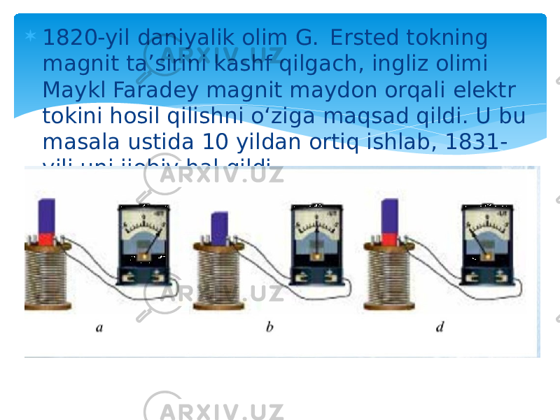  1820-yil daniyalik olim G. Ersted tokning magnit ta’sirini kashf qilgach, ingliz olimi Maykl Faradey magnit maydon orqali elektr tokini hosil qilishni o‘ziga maqsad qildi. U bu masala ustida 10 yildan ortiq ishlab, 1831- yili uni ijobiy hal qildi. 