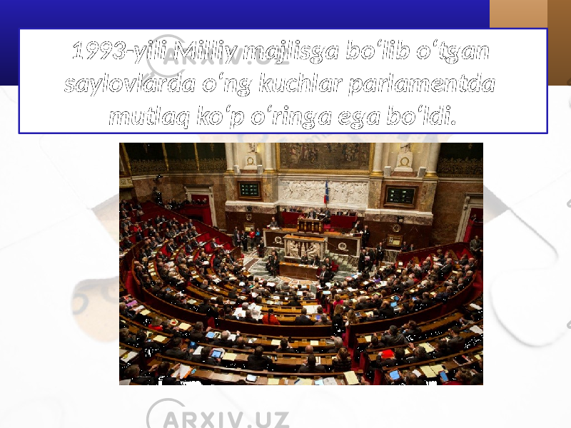 1993-yili Milliy majlisga bo‘lib o‘tgan saylovlarda o‘ng kuchlar parlamentda mutlaq ko‘p o‘ringa ega bo‘ldi. 