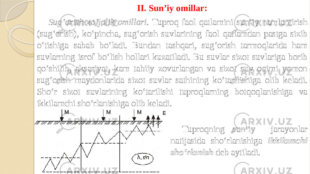 II. Sun’iy omillar: Sug‘orish-xo‘jalik omillari. Tuproq faol qatlamini sun’iy namlantirish (sug‘orish), ko‘pincha, sug‘orish suvlarining faol qatlamdan pastga sizib o‘tishiga sabab bo‘ladi. Bundan tashqari, sug‘orish tarmoqlarida ham suvlarning isrof bo‘lish hollari kuzatiladi. Bu suvlar sizot suvlariga borib qo‘shilib, aksariyat, kam tabiiy zovurlangan va sizot suv oqimi yomon sug‘orish maydonlarida sizot suvlar sathining ko‘tarilishiga olib keladi. Sho‘r sizot suvlarining ko‘tarilishi tuproqlarning botqoqlanishiga va ikkilamchi sho‘rlanishiga olib keladi. Tuproqning sun’iy jarayonlar natijasida sho‘rlanishiga ikkilamchi sho‘rlanish deb aytiladi. 