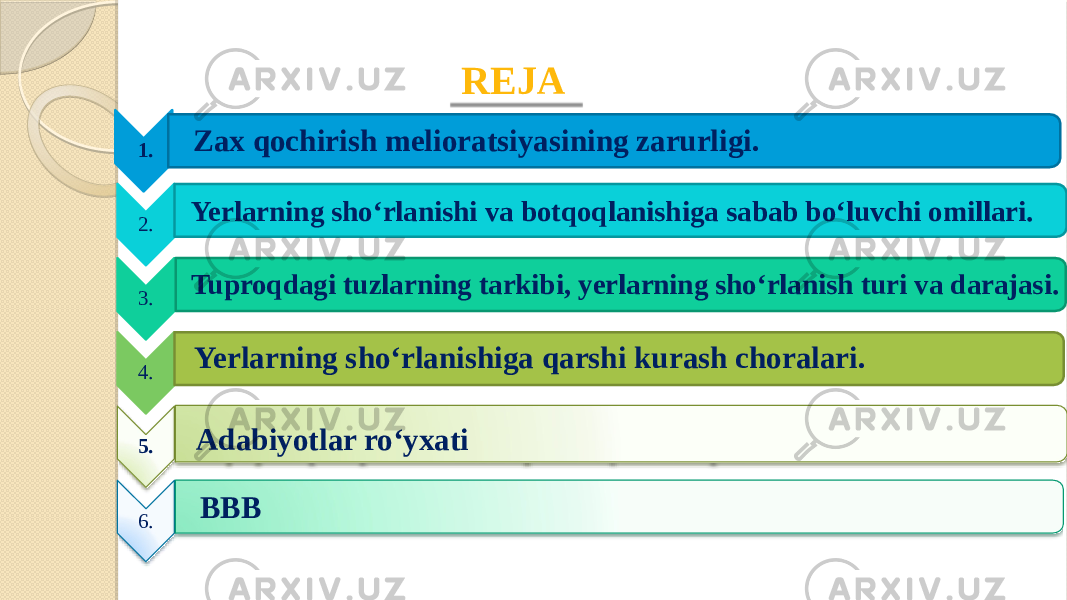  1. 2. Yerlarning sho‘rlanishi va botqoqlanishiga sabab bo‘luvchi omillari. 3. Tuproqdagi tuzlarning tarkibi, yerlarning sho‘rlanish turi va darajasi. 4. Yerlarning sho‘rlanishiga qarshi kurash choralari. 5. 6. BBB REJA Adabiyotlar ro‘yxatiZax qochirish melioratsiyasining zarurligi. 