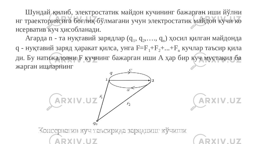 Шундай қилиб, электростатик майдон кучининг бажарган иши йўлни нг траекториясига боғлиқ бўлмагани учун электростатик майдон кучи ко нсерватив куч ҳисобланади. Агарда n - та нуқтавий зарядлар (q 1 , q 2 ,…., q n ) ҳосил қилган майдонда q - нуқтавий заряд ҳаракат қилса, унга F=F 1 +F 2 +...+F n кучлар таъсир қила ди. Бу натижаловчи F кучнинг бажарган иши А ҳар бир куч мустақил ба жарган ишларнинг Консерватив куч таъсирида заряднинг кўчиши 