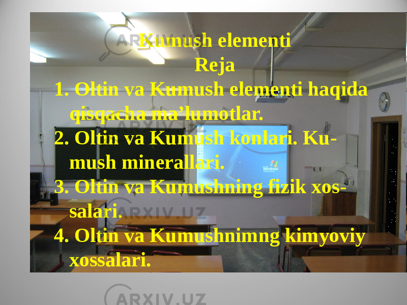 Kumush elementi Reja 1. Oltin va Kumush elementi haqida qisqacha ma’lumotlar. 2. Oltin va Kumush konlari. Ku - mush minerallari. 3. Oltin va Kumushning fizik xos - salari. 4. Oltin va Kumushnimng kimyoviy xossalari. 