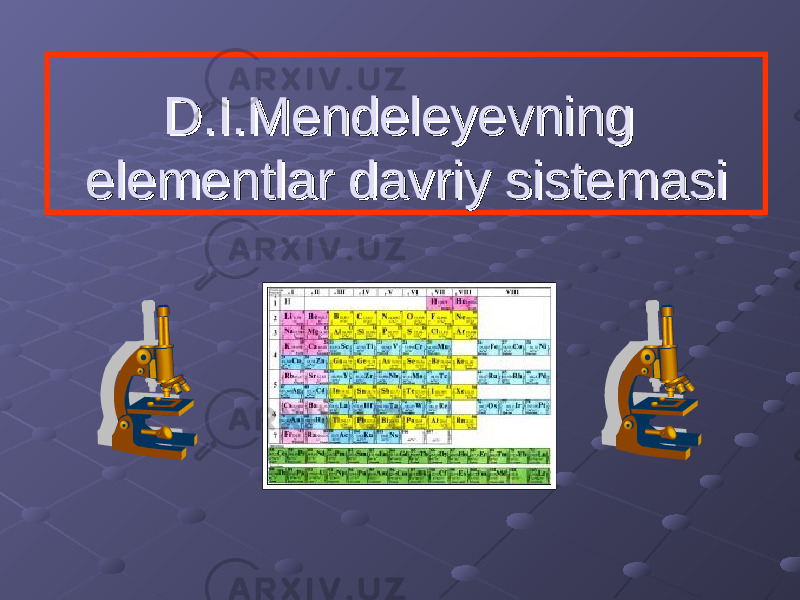 D.I.Mendeleyevning D.I.Mendeleyevning elementlar davriy sistemasielementlar davriy sistemasi 