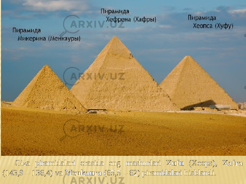 Giza piramidalari orasida eng mashurlari Xufu (Xeops), Xafra (143,9 – 136,4) va Menkaura ( 65,5 – 62) piramidalari hisblandi. 