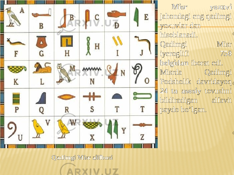  Qadimgi Misr alifbosi Misr yozuvi jahondagi eng qadimgi yozuvlar-dan hisoblanadi. Qadimgi Misr iyeroglifi 750 belgidan iborat edi. Misrda Qadimgi Podsholik davridayoq 24 ta asosiy tovushni bildiradigan alfavit paydo bo’lgan. 